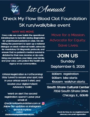 1st Annual Check My Flow 5K Walk/Run/Bike event flyer — Sunday September 6, 2026 at South Shore Cultural Center, Chicago IL